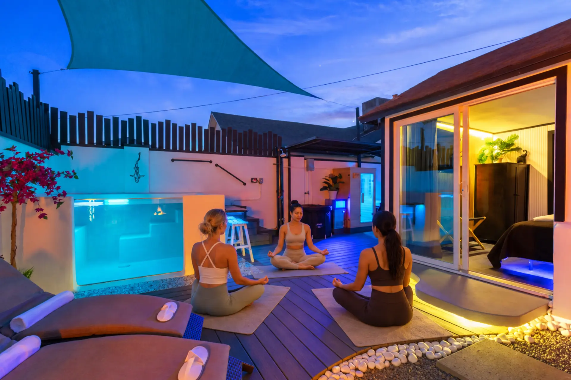 Evening poolside yoga session