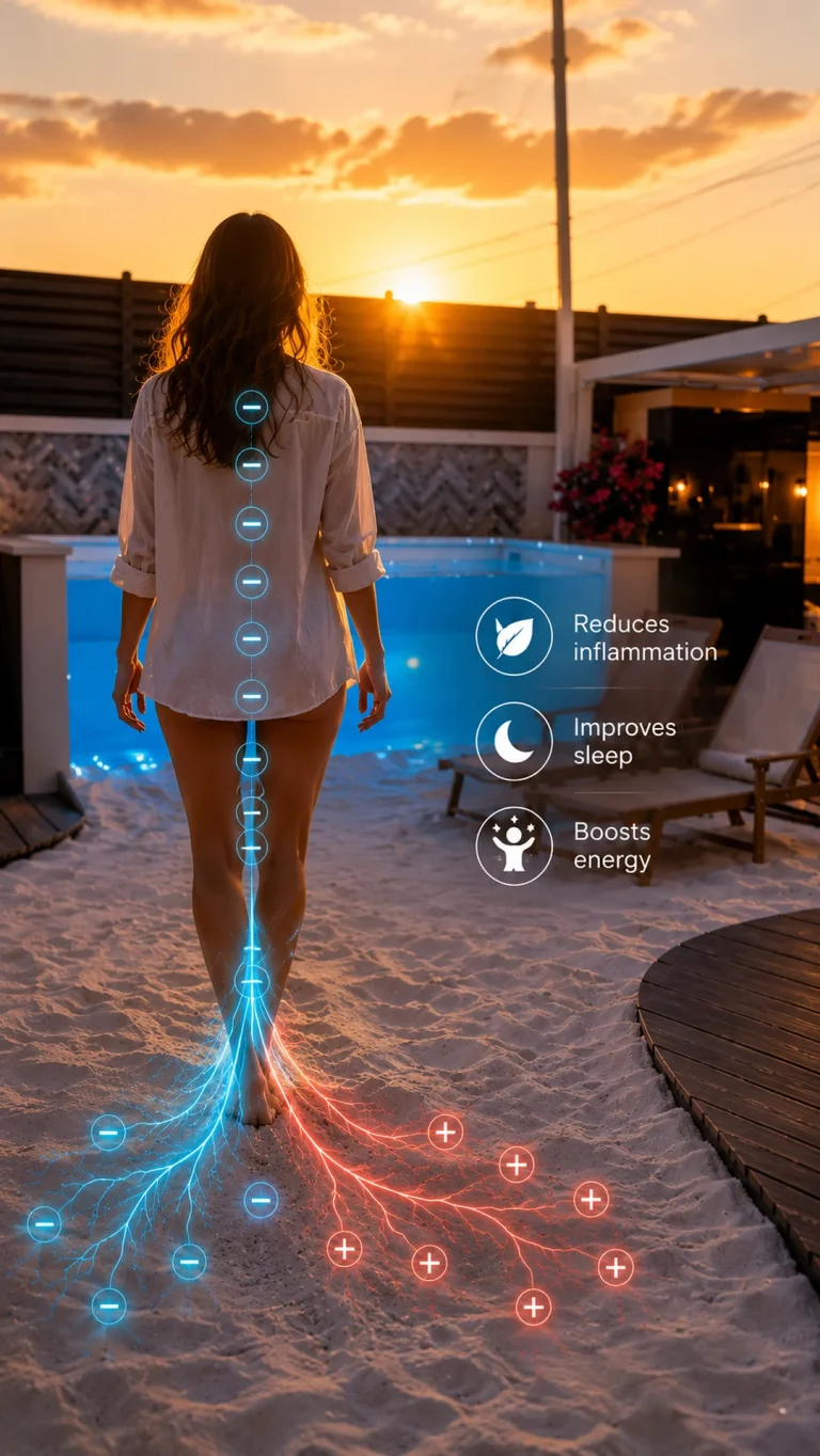 Bare feet on white sand with illustrated light effects