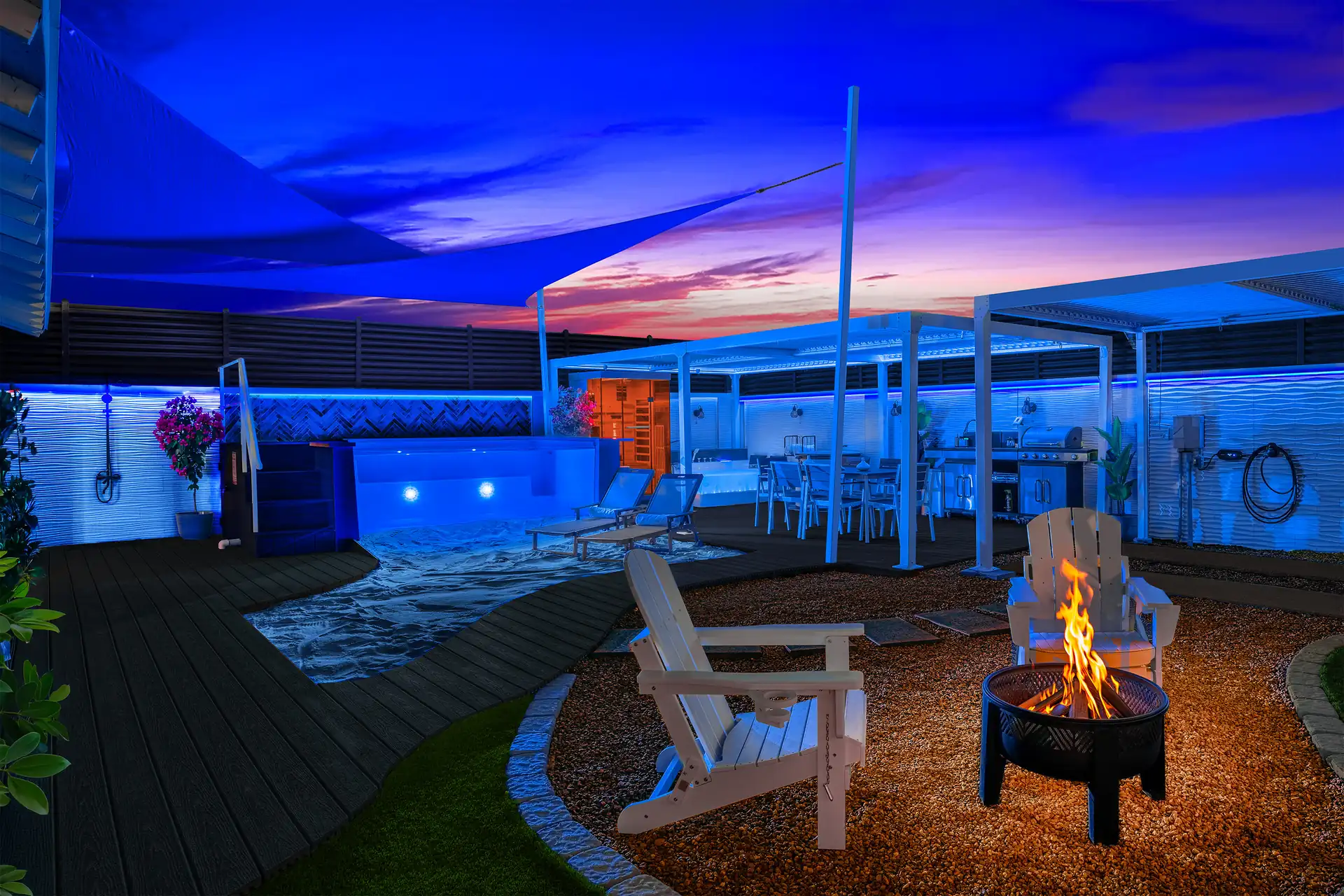 Avena illuminated pool and outdoor lounge at twilight