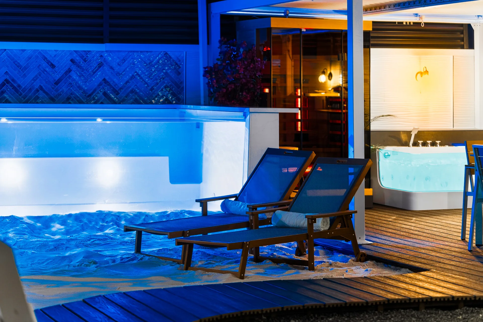 Avena heated pool, jacuzzi and sauna at twilight