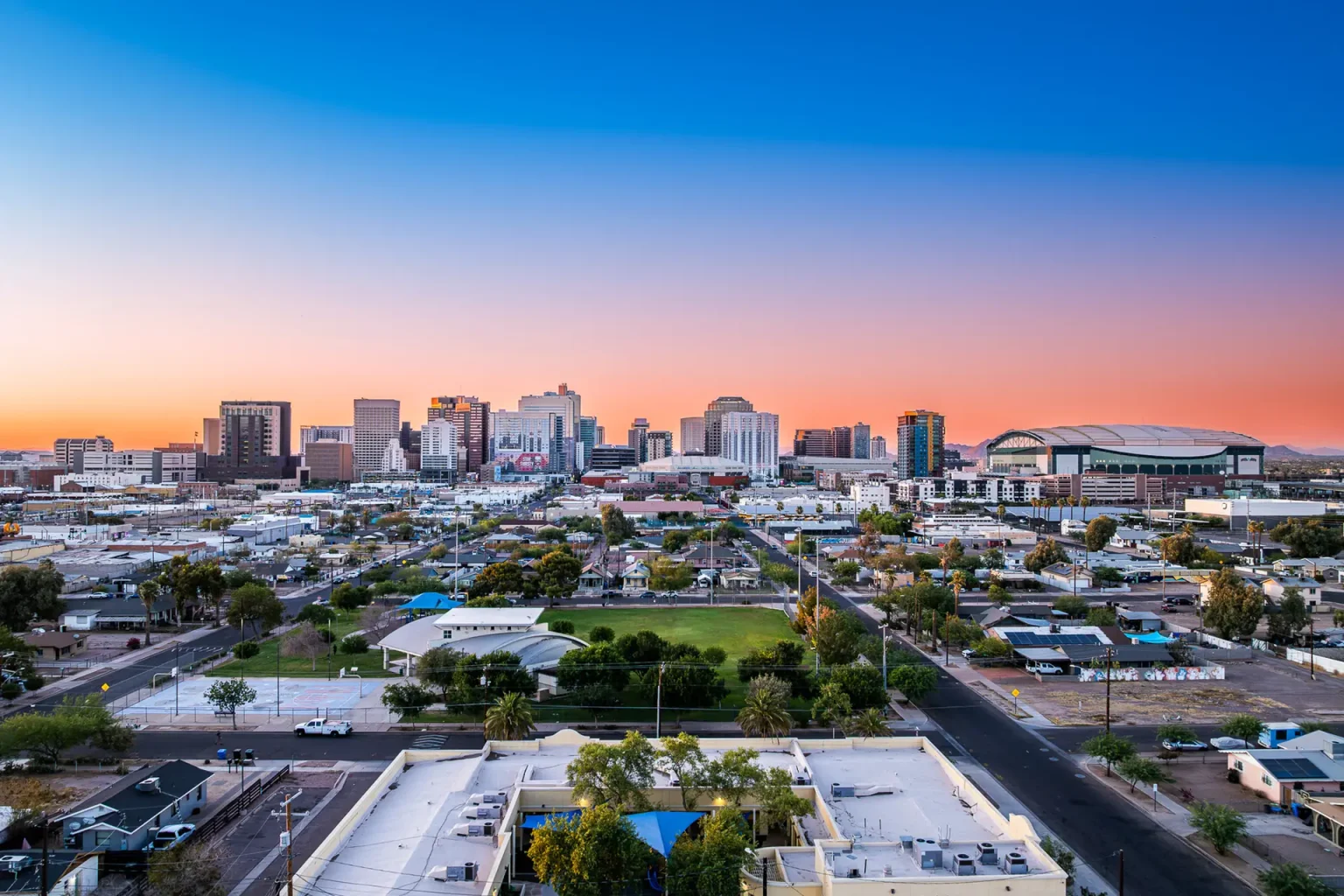 Downtown Phoenix aerial view at sunset