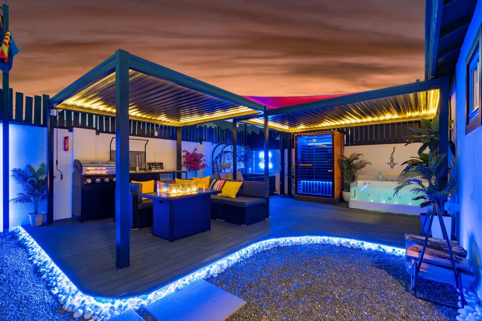 Euphoria illuminated courtyard and wellness spa at twilight