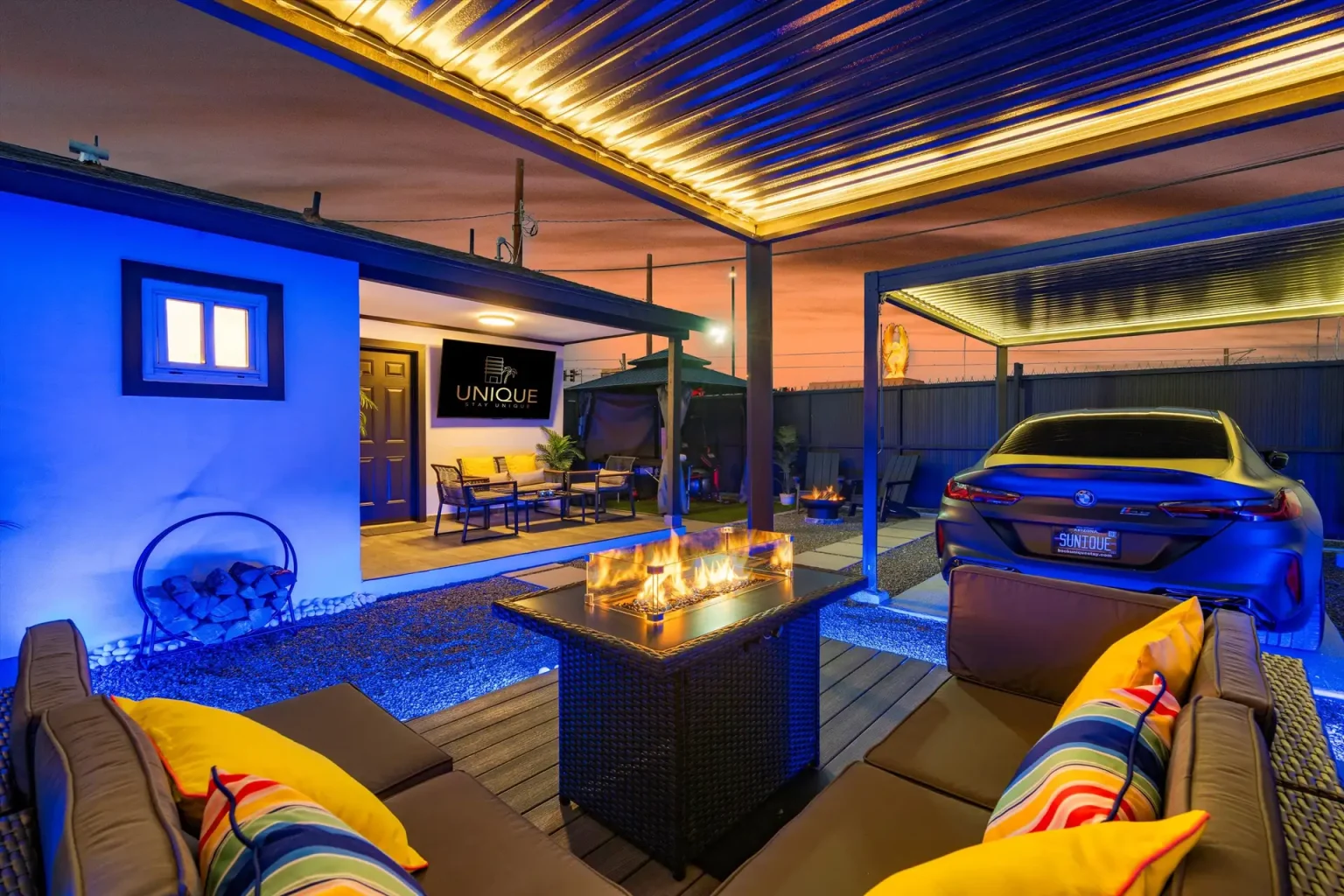 Euphoria fire lounge and covered courtyard at sunset