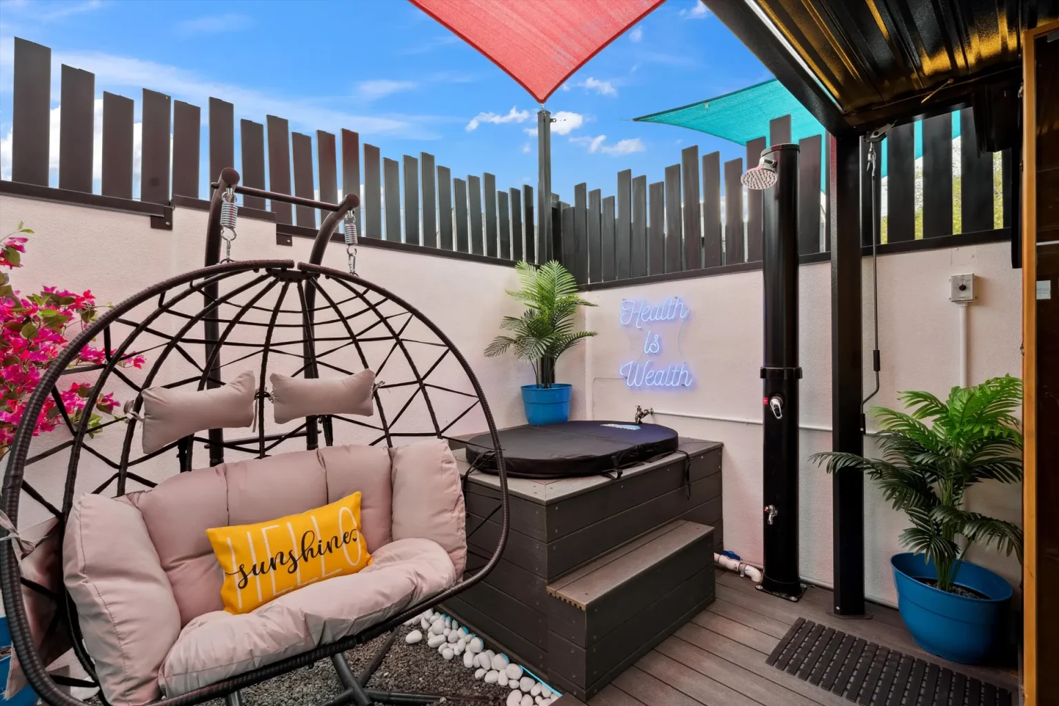 Euphoria hanging chair and outdoor spa