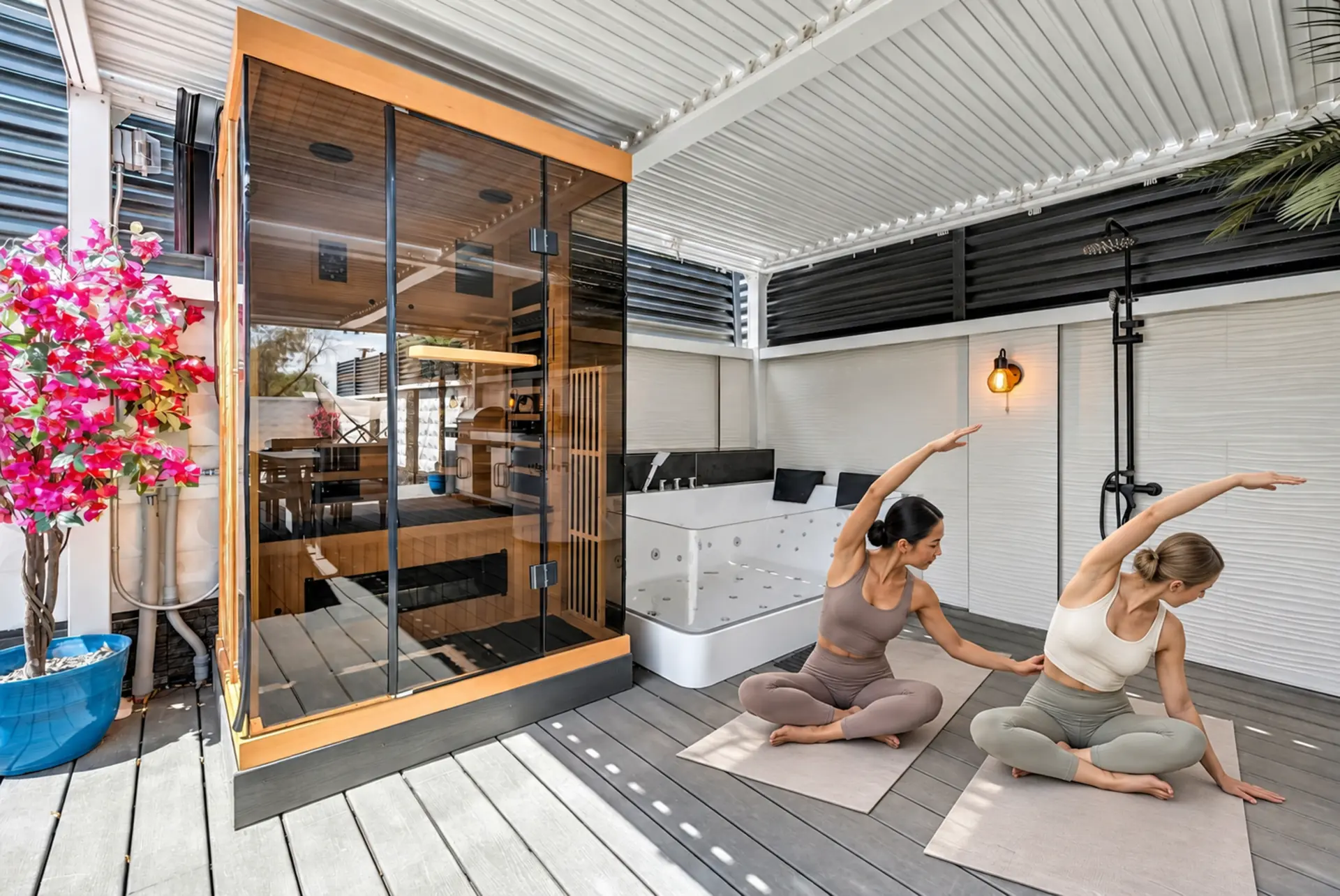 Private yoga session by the sauna
