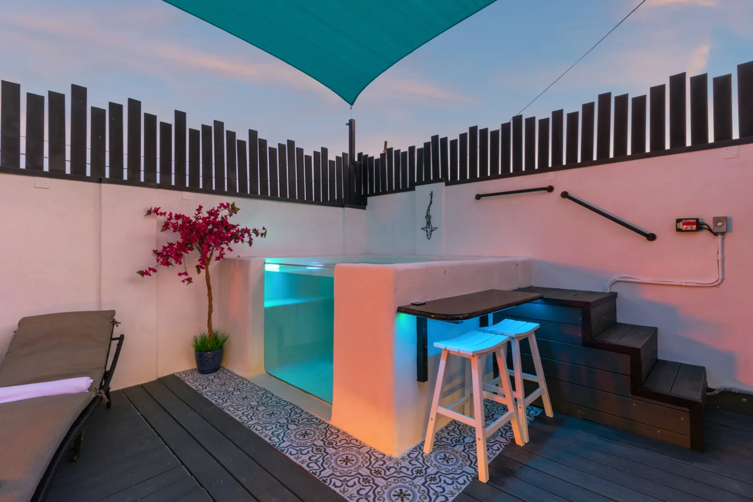 Solace illuminated private pool and courtyard steps
